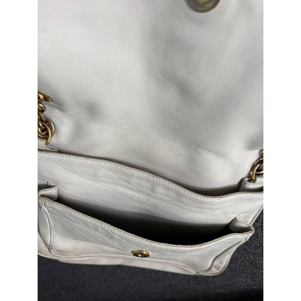 Saint Laurent YSL Bag Womens White Quilted Leather Chain Shoulder Chevron Purse - Picture 7 of 12